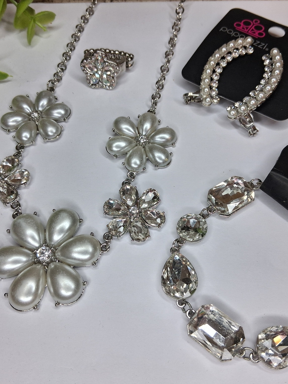 Silver Pearl And Rhinestone Floral Statement Necklace Earrings Bracelet And Ring